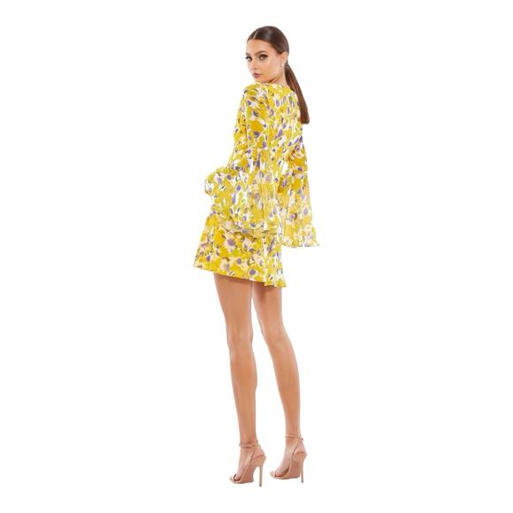 Mac Duggal yellow floral bell sleeves chiffon Mini dress party wedding Sz 10 - Picture 9 of 16